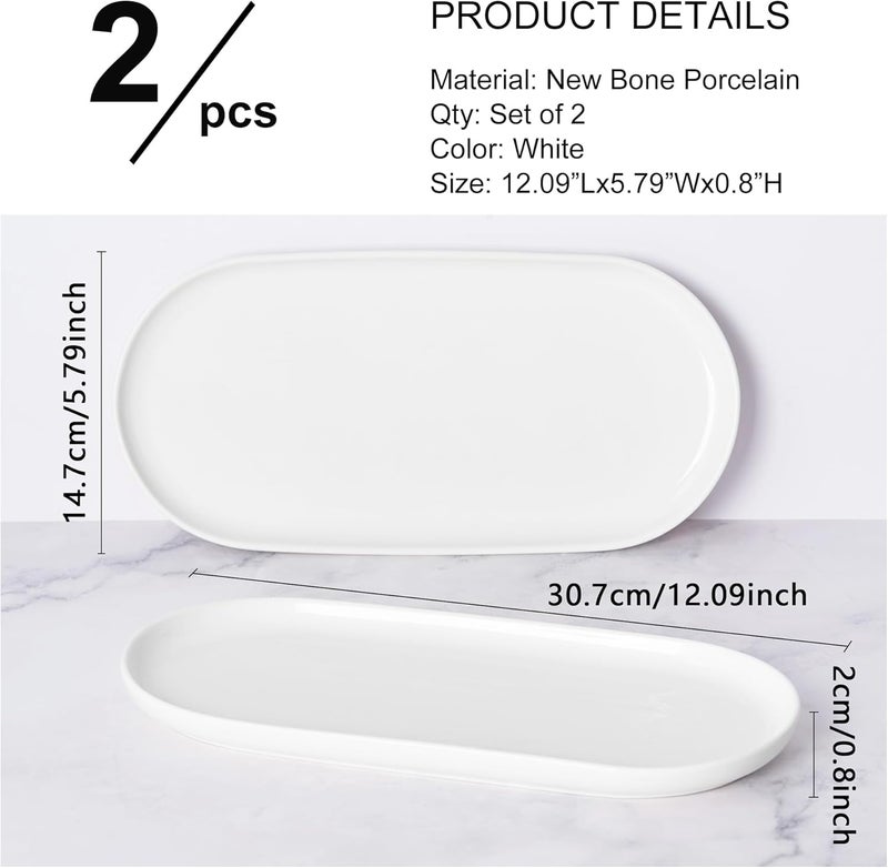 fMSDD Oval Platter Oval Trays 2 Pack for Entertaining, White Plates Serving Dish for Wedding Party Restaurant Home Steak Meat Taco Sushi Appetizer Cake, New Bone Porcelain, 12 x 5.78 Inches, White - Image 2